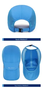 Detailed views of blue breathable mesh running cap with adjustable buckle and interior mesh