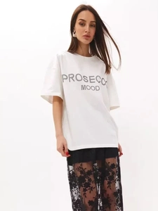 Λευκό βαμβακερό μπλουζάκι με ασημί PROSECCO MOOD σχέδιο και δαντελωτή φούστα