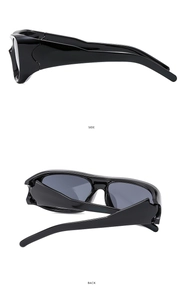 Detail view showing side and back angles of sleek black rectangular sports sunglasses