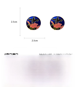 Detail view of 2.5cm blue floral bird enamel earrings with precise size dimensions