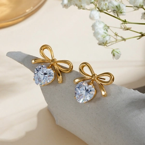 Stainless Steel Bowknot Heart Drop Earrings Gold Plated White Zircon Elegant INS Style Jewelry For Women