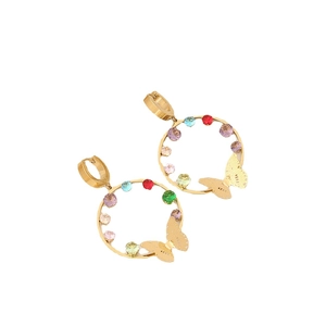 Golden butterfly hoop earrings with colorful gemstones and elegant polished finish