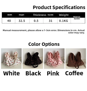 Detailed dimension chart for strawberry print shoulder bag with size and material info
