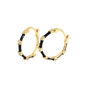 Retro S925 silver needle bamboo hoop earrings with black enamel and zircons