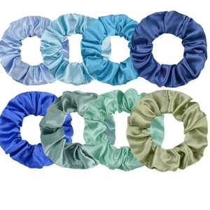 Set of 8 blue and green satin scrunchies with silky texture and elegant glossy finish