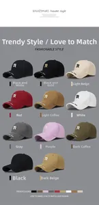 Grid view showing 11 colors of distressed baseball caps with R letter embroidery
