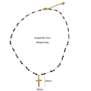 Gold stainless steel cross necklace with black beads and starfish pendant 45cm