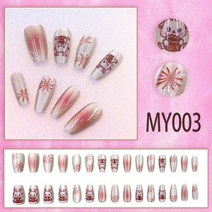 Cat eye press-on nails with champagne gold fireworks and cute animal illustrations