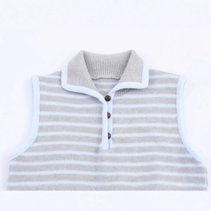 Gilet in maglia a righe senza maniche da donna con colletto a tre bottoni in grigio e blu
