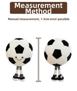 Size measurement guide for funny soccer plush toy with legs and smiley face detail