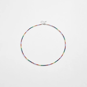 Detailed macro view of S925 sterling silver rainbow gemstone necklace with lobster clasp