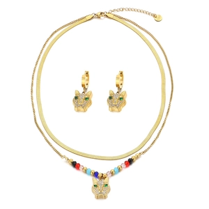 Golden S.STEEL leopard head jewelry set with sparkling rhinestones and colorful beads