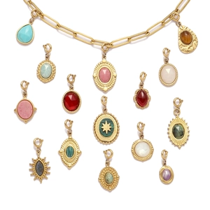 Gold stainless steel chain necklace with colorful natural stone teardrop pendants