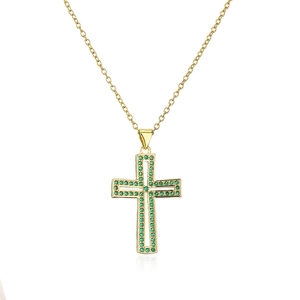 Detailed close-up of 18K gold plated cross pendant necklace with green zircon stones