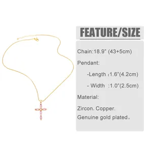 Detailed size specifications for the gold plated cross necklace with pink zircon stones