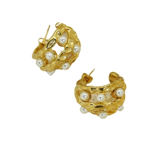 Chic hollow lace hoop earrings with white pearls in gold-plated stainless steel