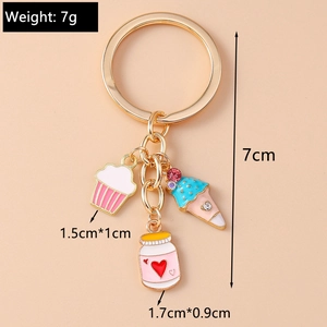 Detailed view of cartoon food keychain charms with dimensions and 7g weight specifications