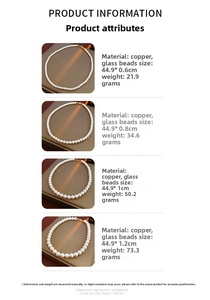 Spécifications détaillées du produit indiquant le poids et les dimensions du collier de perles