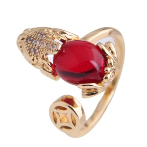 Elegant gold-tone adjustable ring with red gemstone and Chinese auspicious beast motif