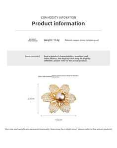 Detailed view of flower brooch dimensions, materials, and weight specifications