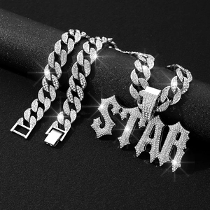 Iced out silver STAR pendant necklace with rhinestone Cuban link chain for hip hop style
