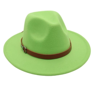Detailed view of neon green wool fedora with a brown leather belt and silver metal buckle