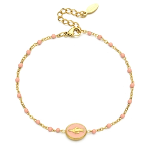 Detail view of gold stainless steel bracelet with pink beads and enamel charm