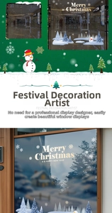 Detail of Christmas snowman and snowflake static window clings for festive glass decoration