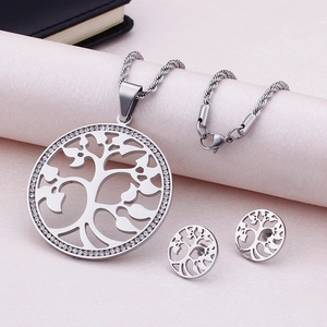 Parure collier et boucles d'oreilles Arbre de Vie argentée avec cristaux en acier