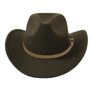 Classic olive green wool felt fedora hat with wide upturned brim and leather buckle band
