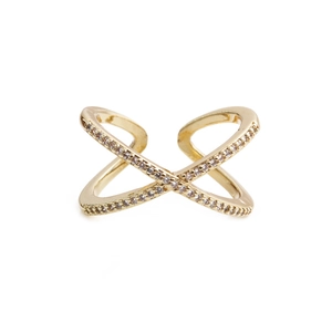 Adjustable golden cross X shaped open ring with micro paved cubic zirconia stones
