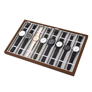 10-slot walnut wood watch display tray with soft grey velvet lining for storage