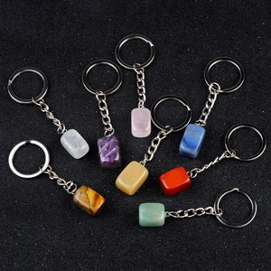 Set of eight colorful crystal stone rectangle keychains in polished natural gemstones