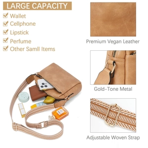 Detail of premium vegan leather texture and adjustable woven strap on small crossbody bag