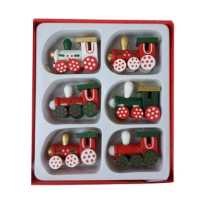 6PCS boxed wooden Christmas train ornaments with festive paint and golden hanging loops