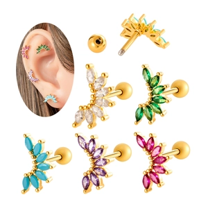 Marquise Zircon Cartilage Piercing Clou Acier Inoxydable Et Cuivre Boule À Vis Dos Courbé Éventail Fleur Boucle D'oreille