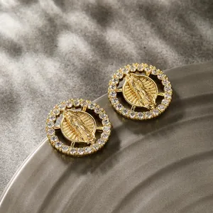14K gold plated geometric round earrings with sparkling zircon halo and saint medallion