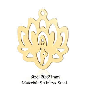 Detail view of a 20x21mm golden stainless steel lotus yoga pendant with dimensions