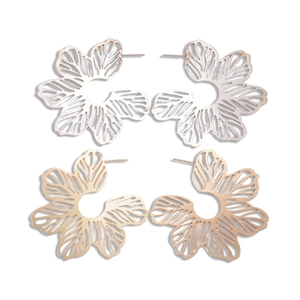Minimalist metallic hollow flower stud earrings in gold and silver finish on white background