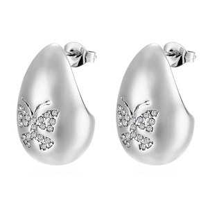 Boucles d'oreilles goutte argentées avec papillon en zircon et acier inoxydable