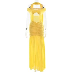 Macro detail of sexy yellow ruched mesh tube dress with hollow out and elegant slit