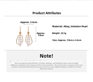 Detail view of geometric gold earrings with faux pearls and size specs 7.8cm by 2.6cm