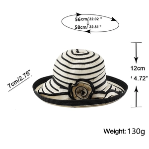 Vue détaillée du chapeau de soleil à rayures avec mesures et accent floral en relief