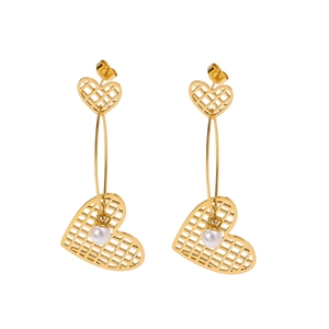 Elegant 18k gold plated stainless steel hollow heart earrings with white pearl drops