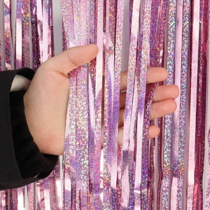 Pink laser foil fringe curtain for party background decoration with metallic glitter
