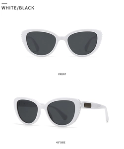 Front and 45 degree side views of white cat eye sunglasses with rhinestones and black lenses