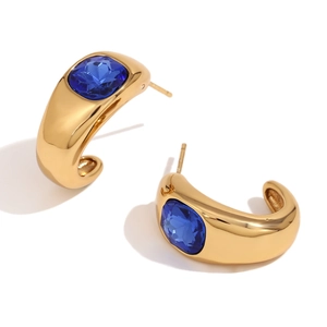 Fashion 18K gold plated C-shaped earrings with large faceted blue gemstone inlays
