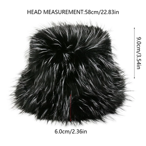 Detailed dimension chart of black faux fur bucket hat with head size 58cm and height 9cm