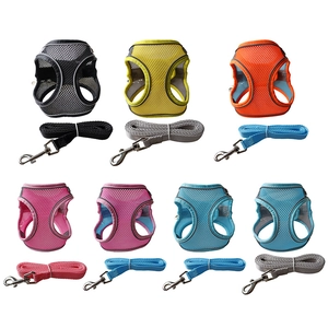 Detail of breathable mesh pet harness and leash with reflective striping in multiple colors
