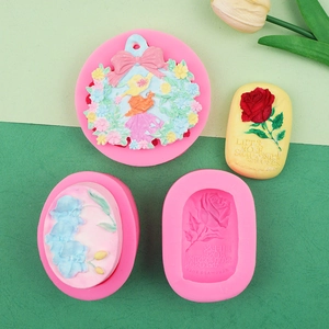 Pink silicone mold set for soap and aromatherapy with floral orchid and rose patterns